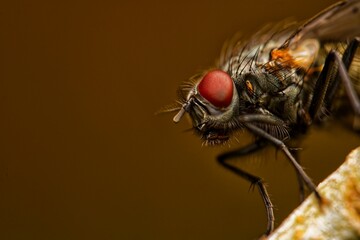 Detailed close-up macro of a shiny golden greenbottle fly sitting on a leaf. Domestic fly. close up compound eyes of fly on green background. Fly on a leaf macro