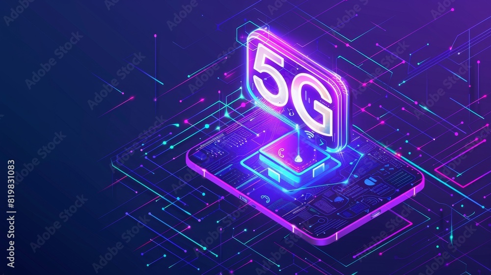 Poster isolated 5g symbol wireless internet and interface icons on ultraviolet background with glowing neon