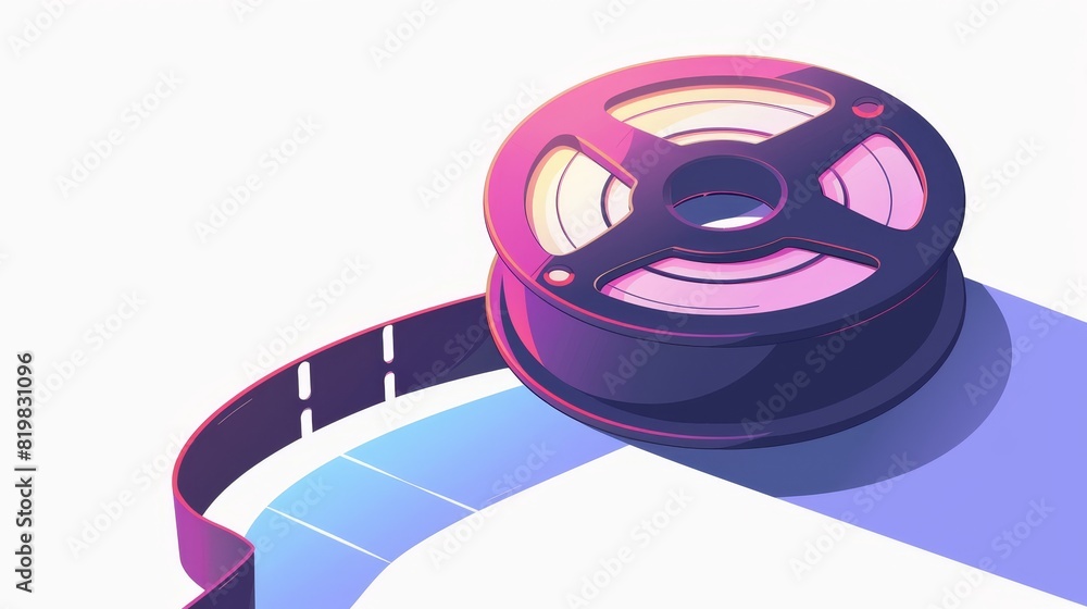 Wall mural Cartoon isometric film reel or spool with film tape isolated on white background. Movie industry element.