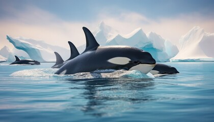 Fototapeta premium Groups of Orcas or killer whales swim and hunt for prey, the top of the food chain in a sea of ​​ice floes