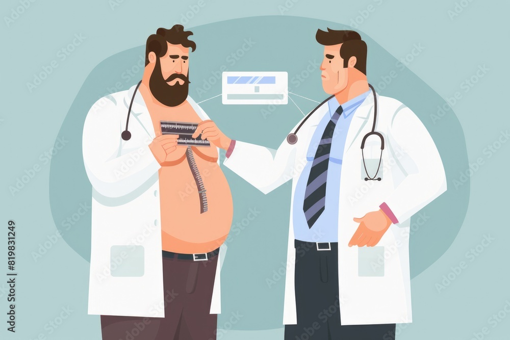 Aufkleber two men in lab coats, one holding a measuring tape. suitable for science and research concepts