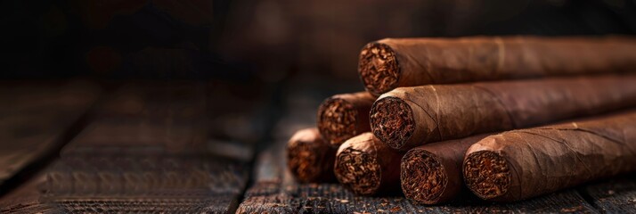 a closeup of a pile of cigars resting on a wooden table with a dark background, suitable for text placement