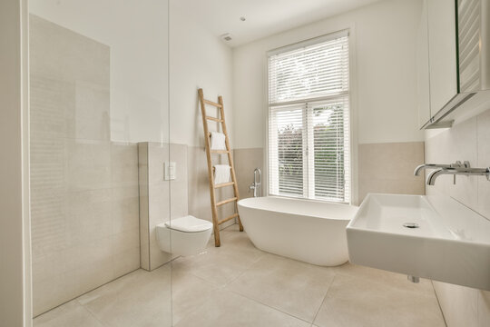 Modern bathroom with freestanding tub and natural light