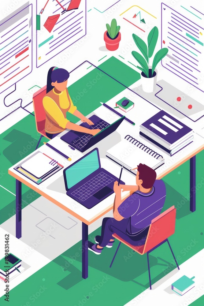 Poster two individuals sitting at a table, focusing on their laptops. suitable for business and technology 