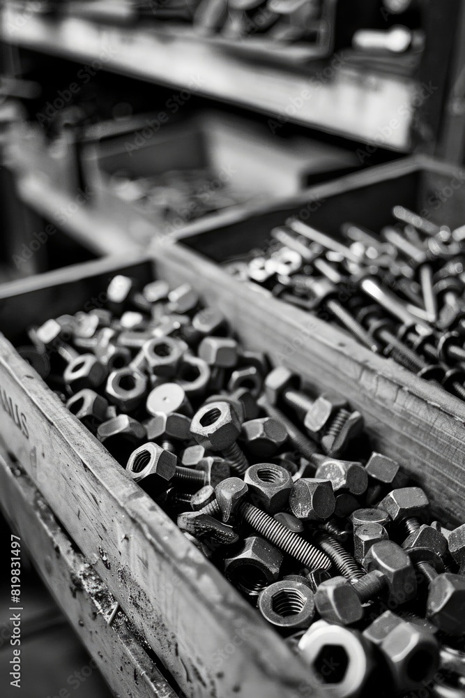 Wall mural A wooden box filled with nuts and bolts, perfect for industrial projects