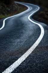 A scenic view of a road with a gentle curve and white lines. Perfect for transportation and travel concepts