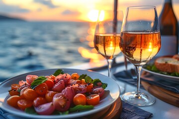 Romantic Sunset Dinner on a Yacht with Fresh Salad and White Wine - Perfect for Summer Vacation