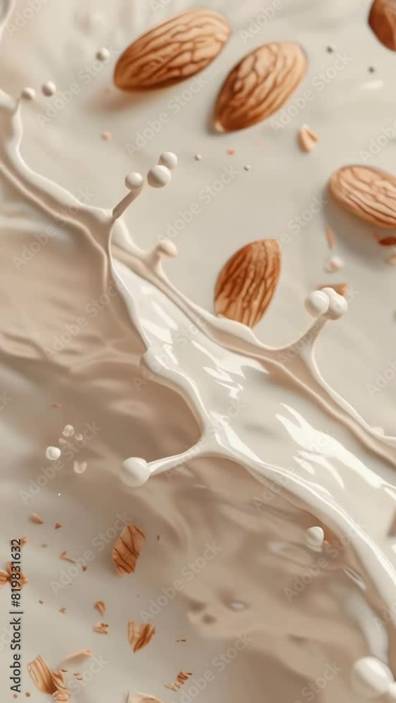 Poster a white liquid with almonds floating in it. the almonds are scattered throughout the liquid, with so