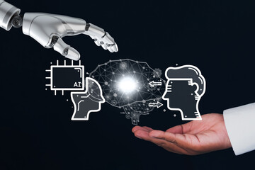 Futuristic Image of Human-Robot Handshake with Artificial Intelligence and human for conversation icon idea for  Human-Machine Cooperation,assistant.