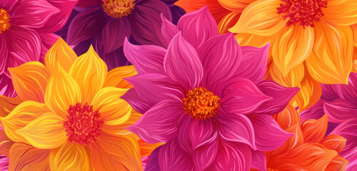 seamless pattern of lush dahlia flowers in sunset colors for design and wallpaper 