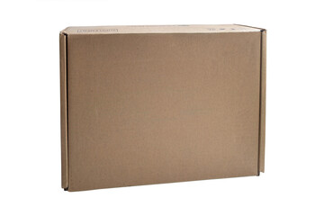 Front view of blank brown craft cardboard box. isolated on white.