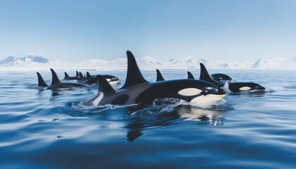 Fototapeta premium Groups of Orcas or killer whales swim and hunt for prey, the top of the food chain in a sea of ​​ice floes