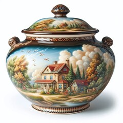 Painted Porcelain Vase with Scenic Countryside Design