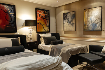 Contemporary hotel room, two single beds, abstract paintings, cozy seating area with a sofa set, black chair, and elegant lamp. Sophisticated and cozy ambiance.