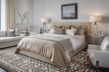 Contemporary bedroom with a modern bed, beige linens, monochrome photograph, stylish sofa set, and white chair. Patterned rug and glass lamps on bedside tables.