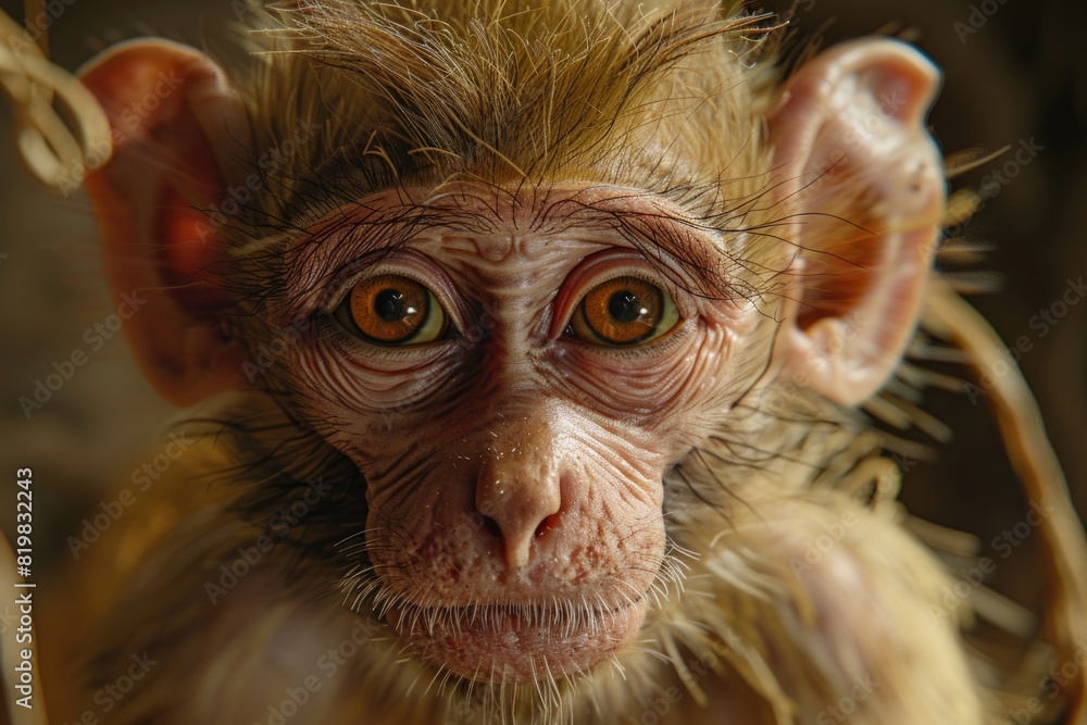 Poster close up of a monkey's face with a blurry background. ideal for nature or wildlife concepts