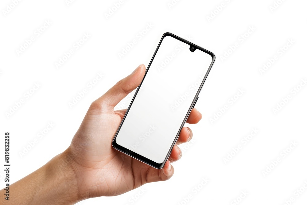 Poster a hand holding a phone with a blank screen, suitable for technology concepts