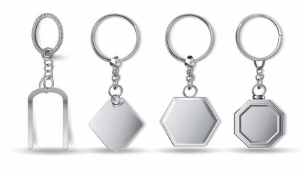 A set of metal keychain holders with hexagons and squares isolated on a white background. A mock-up of silver colored accessories or souvenir pendants. An illustration, icon, or clipart concept in
