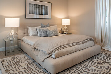 Contemporary bedroom with a low bed, beige linens, and a monochrome photograph. Patterned rug and glass lamps on bedside tables.