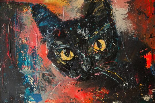 Detailed painting of a black cat with striking yellow eyes. Perfect for animal lovers and Halloween themed designs