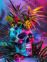 skull with plants on it, in the style of vibrant, exaggerated scenes, luminous 3d objects, tabletop photography, tropical landscapes, vibrant palettes, flowerpunk, vibrant portraits