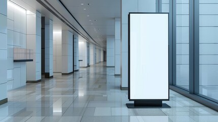 Empty office hallway with blank billboard display. White LCD screen floor stand for advertising. Vertical ads banner in interior, realistic 3D modern mock-up.