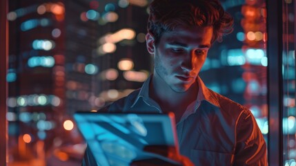Man with Tablet in Neon City