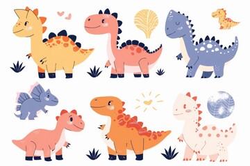 Cartoon dinosaurs standing in grass, suitable for children's educational materials