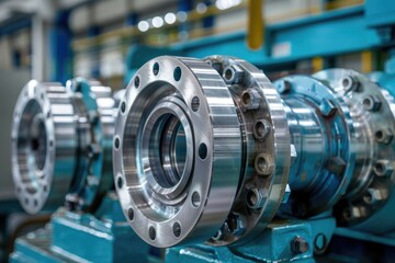 Fototapeta premium Close up of a metal flange on a machine, ideal for industrial concepts