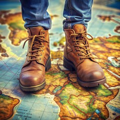 Traveler with Hiking Boots and Map (1:1): A close-up of a traveler&rsquo;s feet in hiking boots, standing on a map, ready for an adventure.
