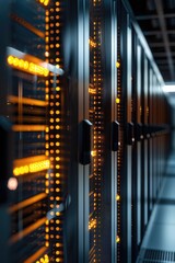 A row of servers in a server room. Suitable for technology and networking concepts