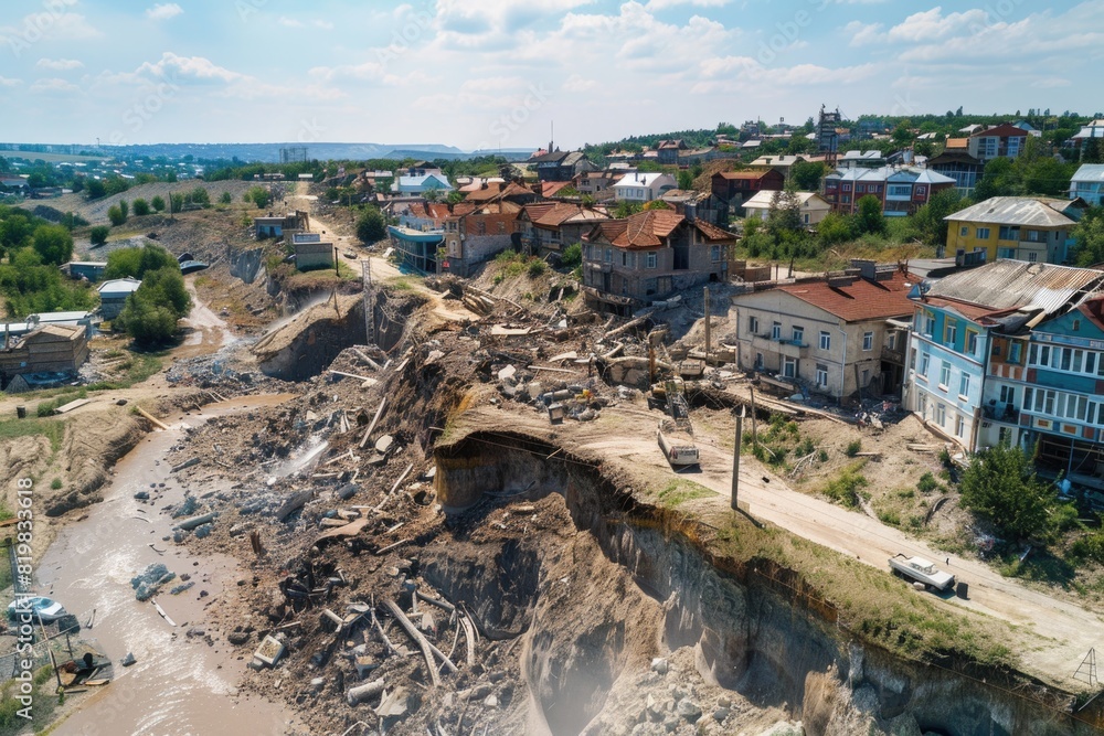 Poster aerial view of a city that has been destroyed, suitable for disaster or post-apocalyptic concepts