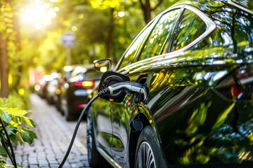 Naklejka premium Electric Car Charging on Leafy Urban Street