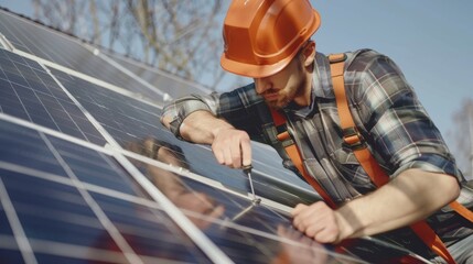 Technician Installing Solar Panels on Roof