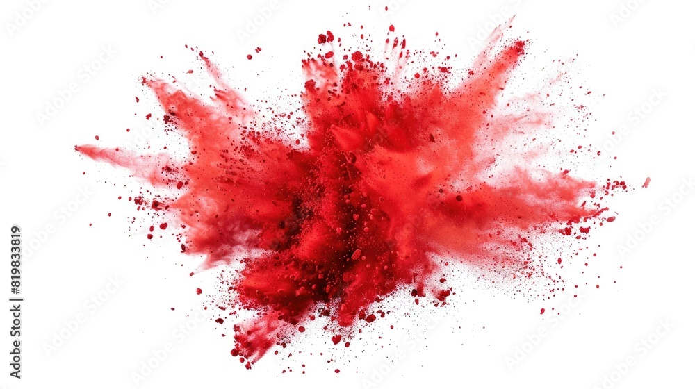 Aufkleber vibrant red powder exploding on a clean white background, perfect for dynamic and energetic concepts