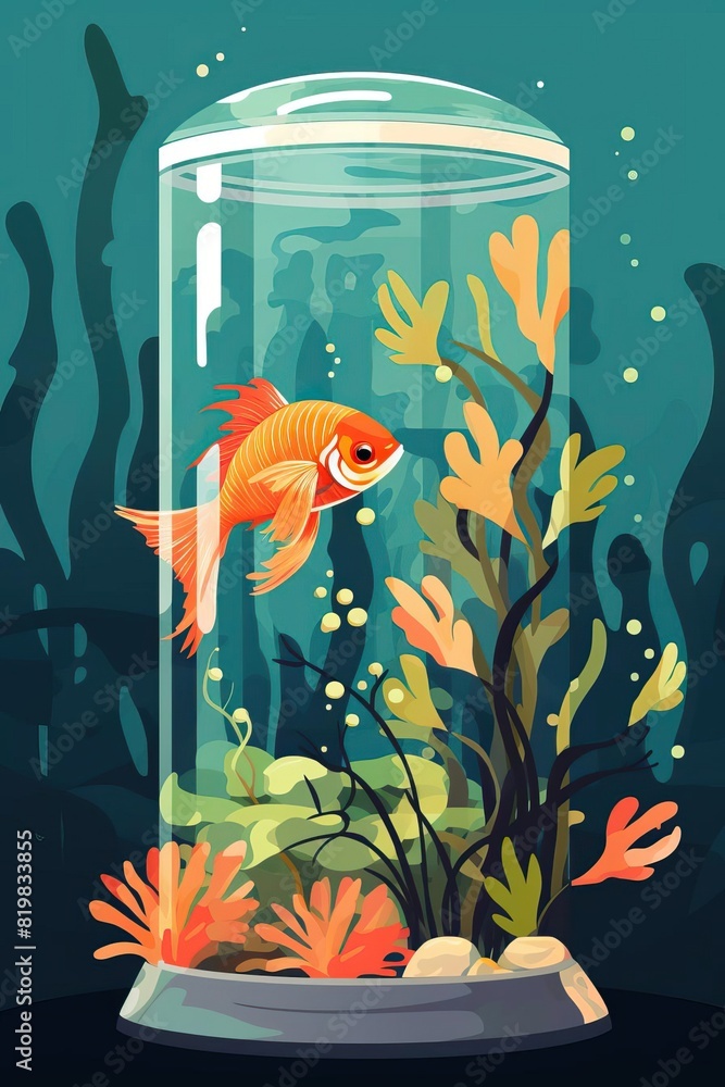 Wall mural A hand-drawn illustration of a fishbowl with a goldfish and aquatic plants.