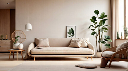 Fototapeta premium A cozy living room with a beige couch and chair, creates a warm and inviting atmosphere.
