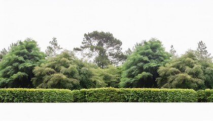 forest landscape hedge as a natural border with green trees and shrubs isolated on transparent...