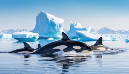 Fototapeta premium Groups of Orcas or killer whales swim and hunt for prey, the top of the food chain in a sea of ​​ice floes