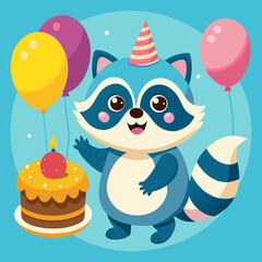 Cute raccoon, delicious cake, balloons