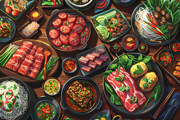 Fototapeta premium Asian foods displaying handmade ceramic plates and pottery with a stained window and flowers in the background