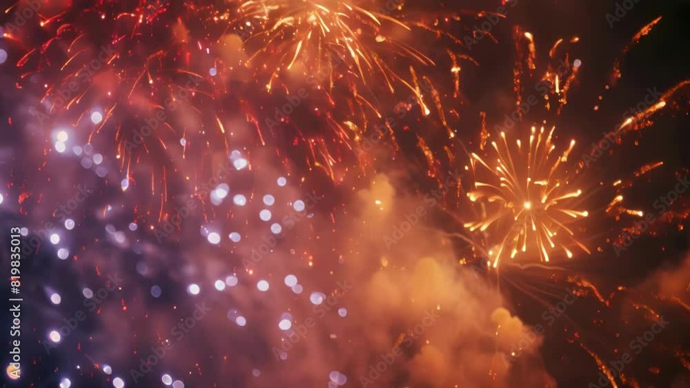 Poster a fireworks display with a lot of red and orange sparks. the fireworks are in the air and are creati