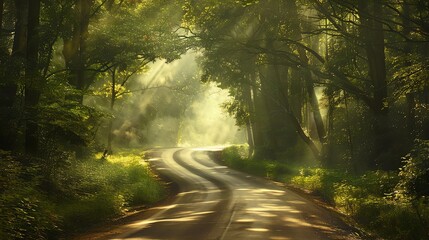 Obraz premium The sun shines through the trees onto a winding road. The forest is dense and green, and the road is empty. The scene is peaceful and serene.