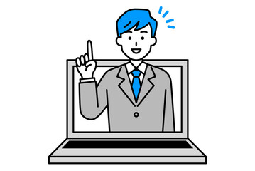 ノートパソコンの画面から飛び出すアイデアをひらめくスーツの男性