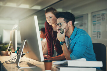 Graphic designer, man and office for meeting, discussion and teamwork with computer. Creative businesspeople, partnership and collaboration for small business, internet startup and website planning