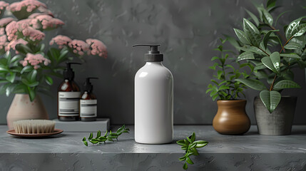 mock up empty soap dispenser, gray background. Ai generated image 