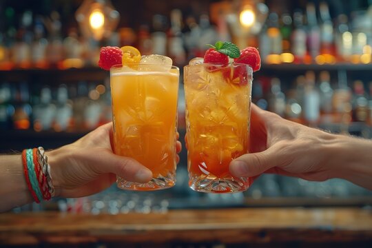 Summer Cocktails Cheers in Rustic Bar Setting, Ideal for Drinking Celebrations, Social Events, and Entertaining Posters