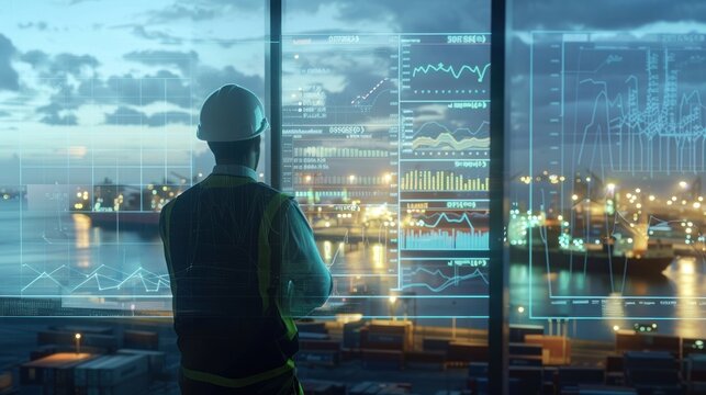 An engineer analyzing data and performance metrics on a wide background of a logistics port, with graphs and charts displayed on screens, illustrating data-driven decision-making 