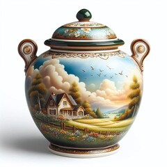 Painted Porcelain Vase with Scenic Countryside Design