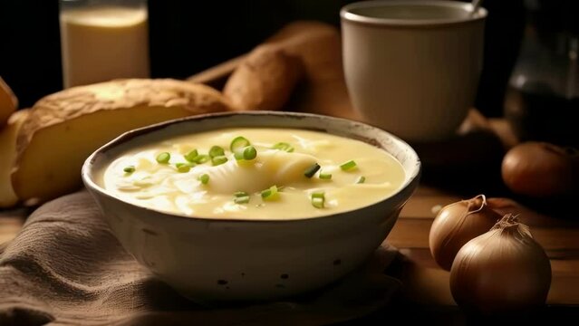A bowl of creamy soup with a spoon and a cup of coffee on a table. The soup is garnished with chopped onions and potatoes